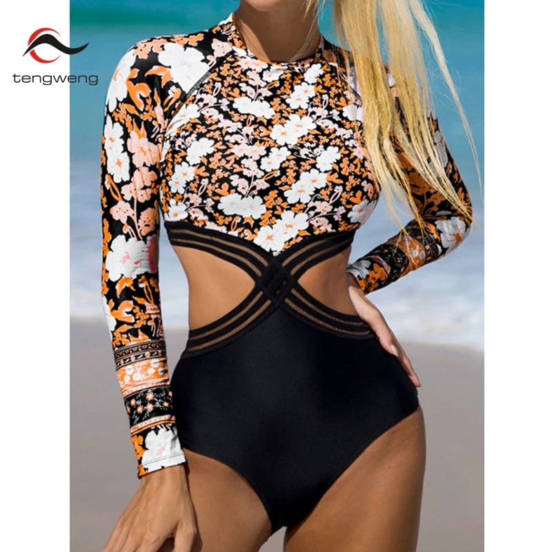 

Sexy Swimsuit One Piece Swimswear Women 2022 High Waist Bikini Floral Print Swimsuit Backles Long Sleeves Swim Suit Beach Wear