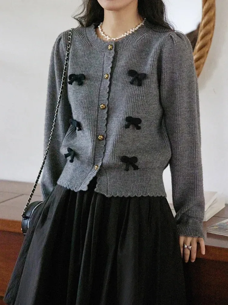 Женский Винтажный Белый Кардиган С Бантом Вязаная Куртка В Консервативном Стиле