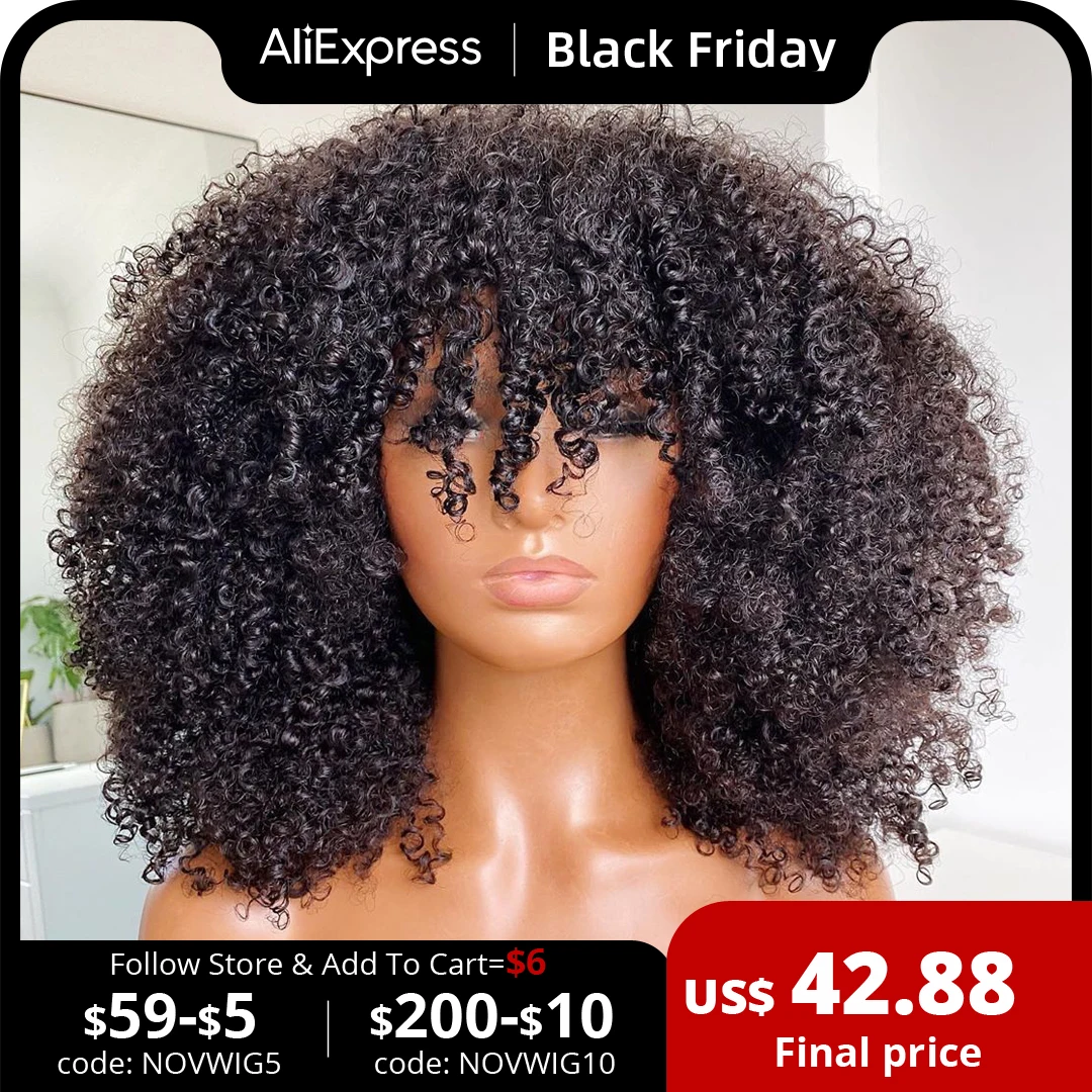 Afro Kinky Curly Wig With Bangs Machine Made Scalp Top Wig 200 Density Remy Brazilian Short Curly Bang Wig Human Hair Xcsunny