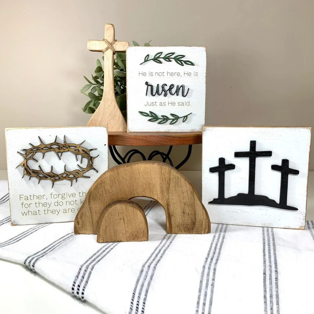 

1set Easter Tiered Tray Flat Decorations Wooden Jesus Tomb For Home Office Church Kitchen Table Ornament Indoor Easter Sign Tray