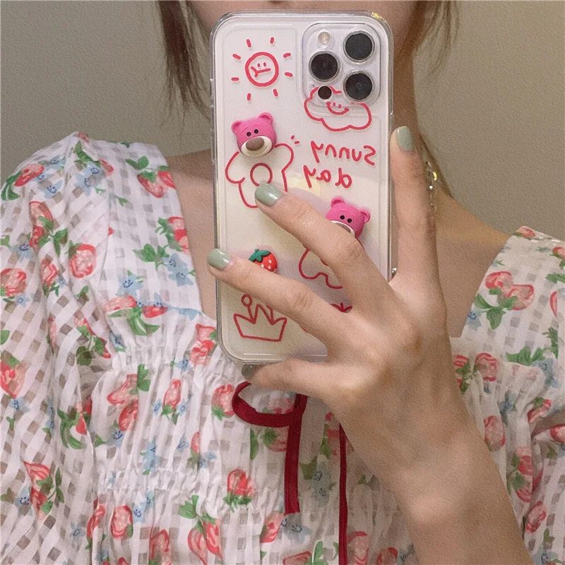 

Transparent Right-angle Side Cute Phone Case for IPhone 13 Pro Max 13 mini Xr Xs Max 11 Pro Max 7 8 Plus 3D Pink Bear Back Cover