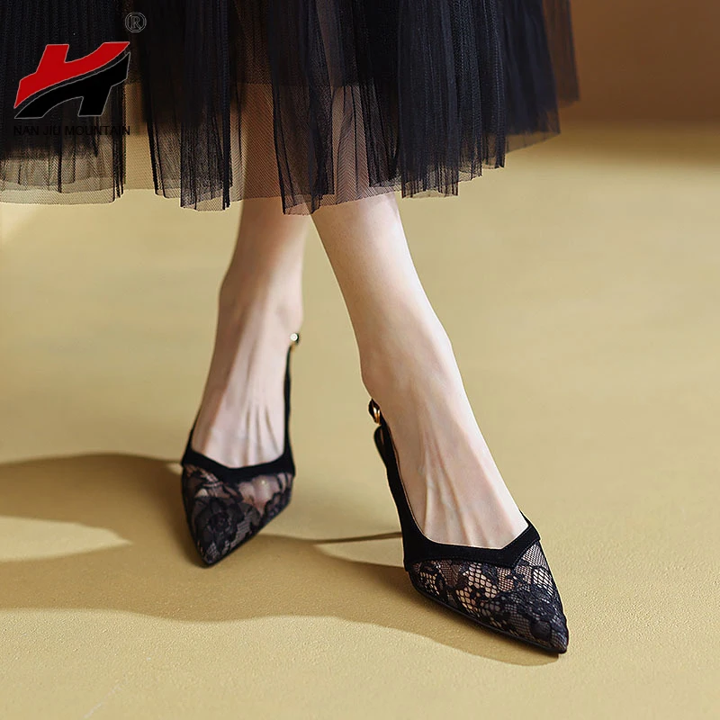 

2022 High Heel Women Summer Sandals Sexy Lace Pointed Toe Single Shoes Thin Heels Mesh Female