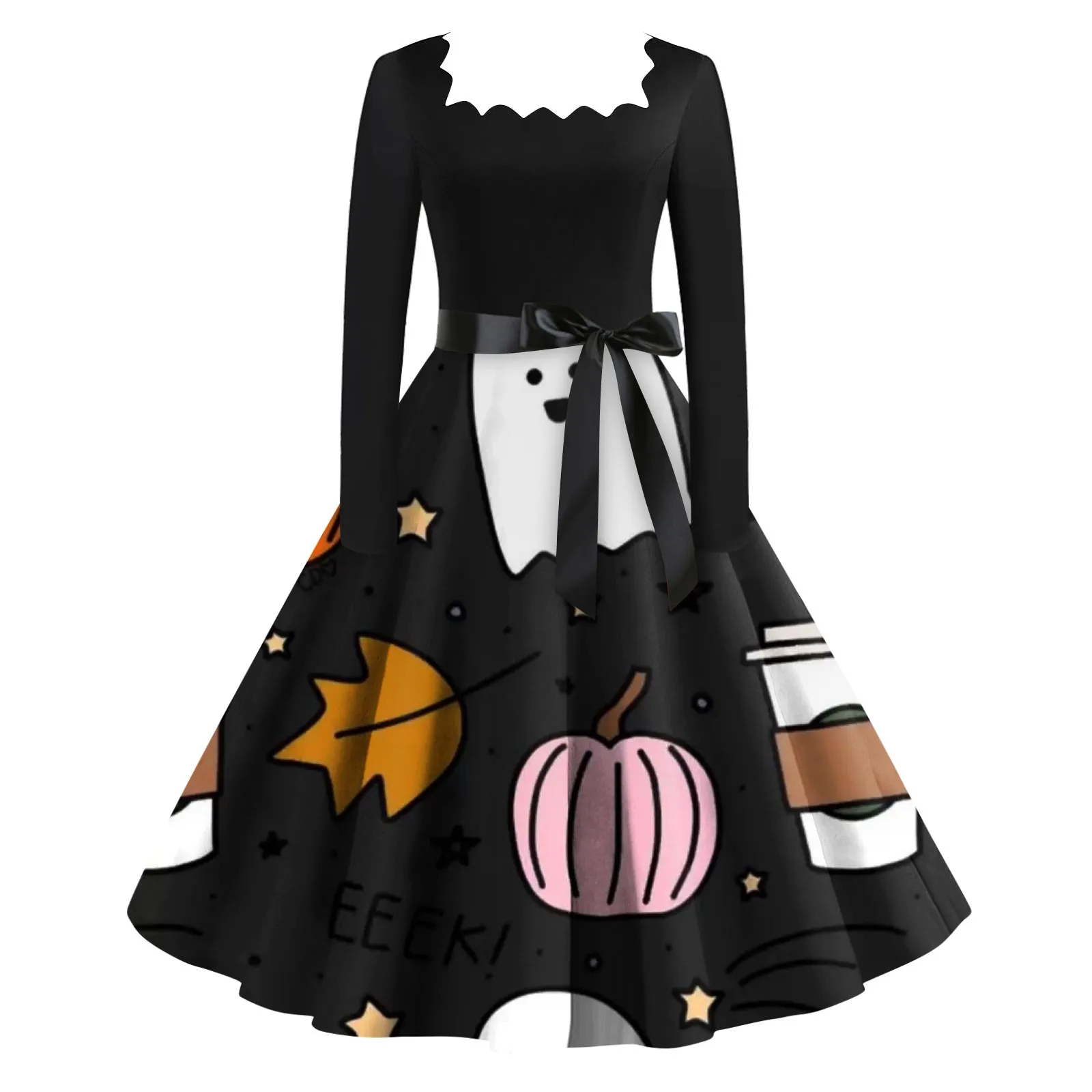 

Women'S Vintage Classic Dress Long Sleeve Halloween Black Big Swing Robe Vintage Femme Gothic Bat Print Halloween vestido femini