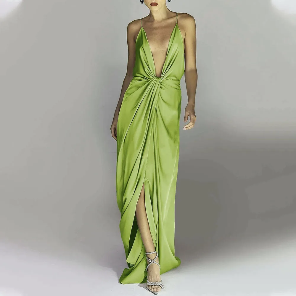 Длинное атласное платье с вырезом новинка 2024 текстурированные однотонные