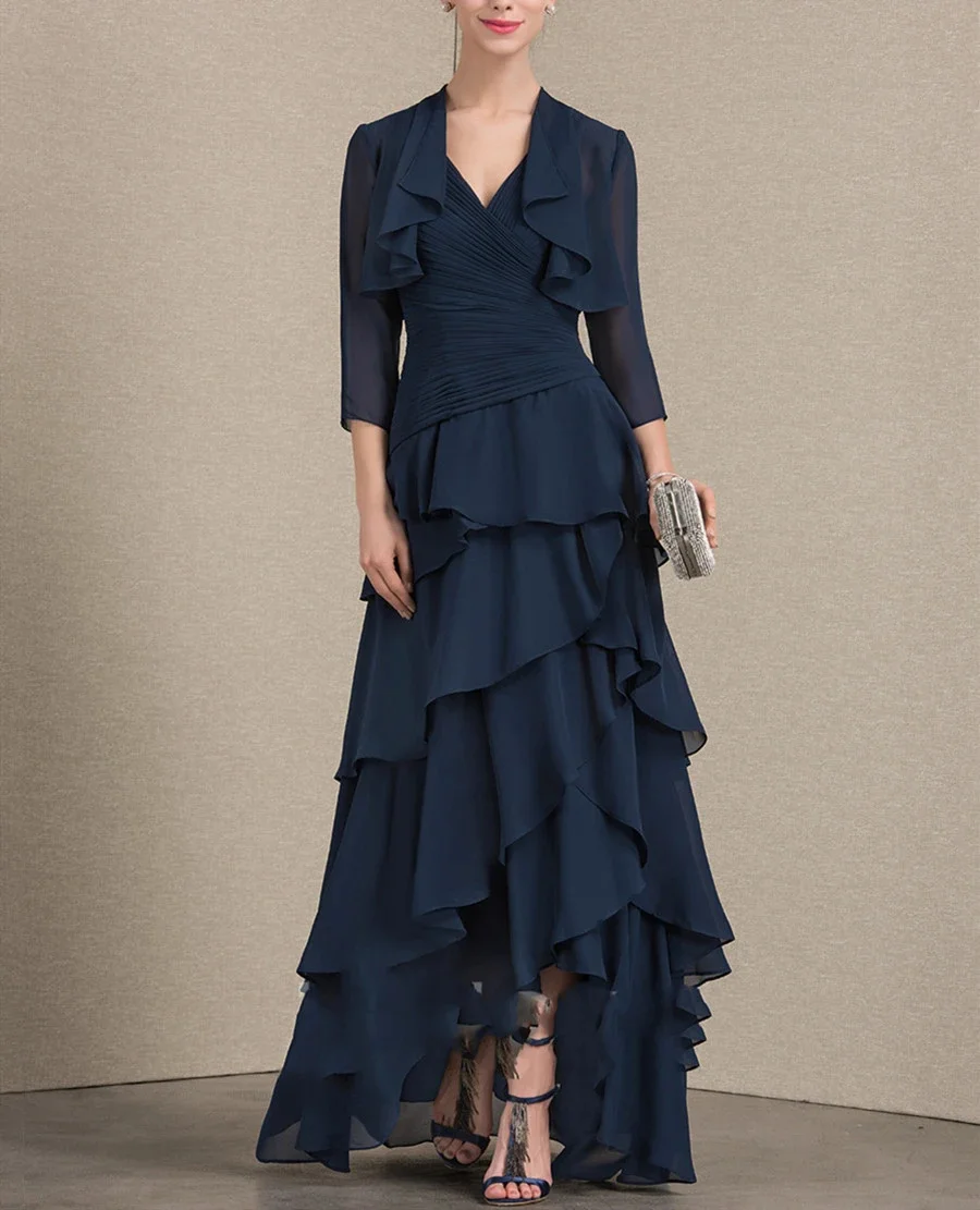 

Elegant V-Neck Sleeveless A-Line Mother of the Bride Groom Dress Wedding Guests Evening Prom Chiffon With Jacket Tiered