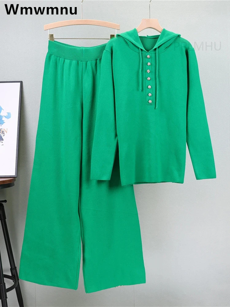 Женский Повседневный Свободный вязаный пуловер комплект из свитера с капюшоном