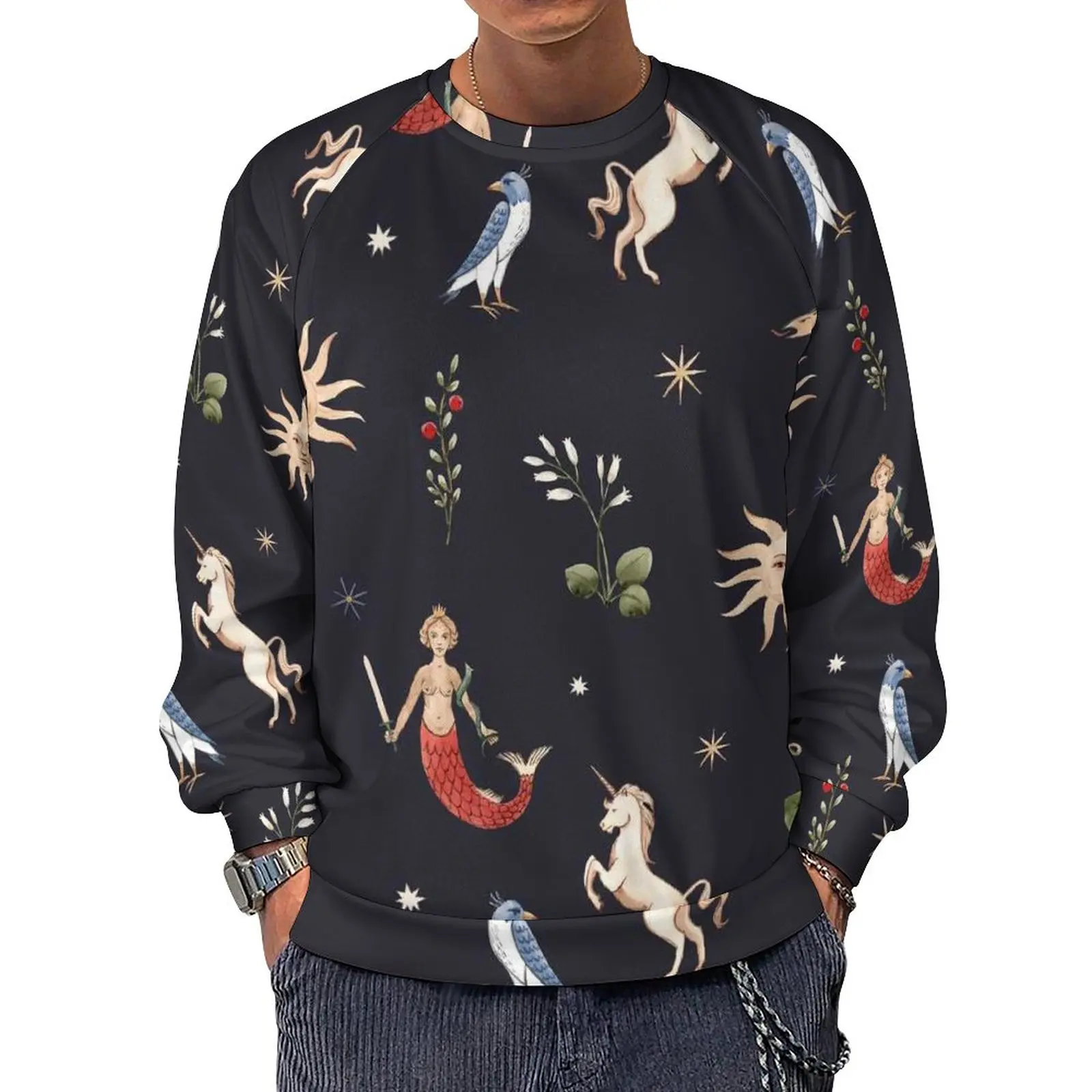 

Mermaid Women Streetwear Sweatshirts Spring Bird Unicorn Floral Print Funny Hoodies Couple Oversize Outerwear O Neck Hoodie