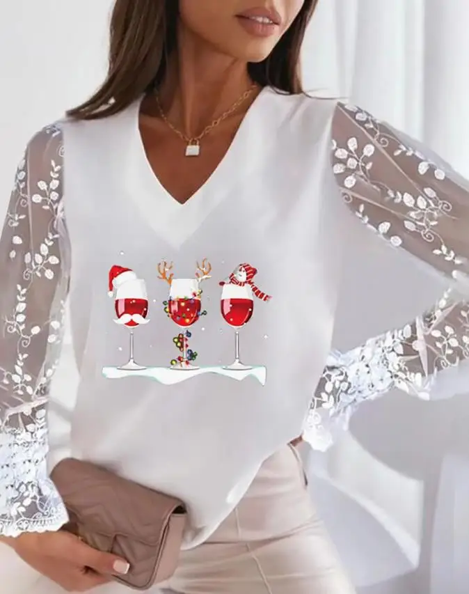 Купи Christmas T-Shirt for Women 2022 Wine Glasses Snowman Print Sheer Mesh Lace & Chic Fashion V-Neck Top Christmas Daily Blouses за 416 рублей в магазине AliExpress