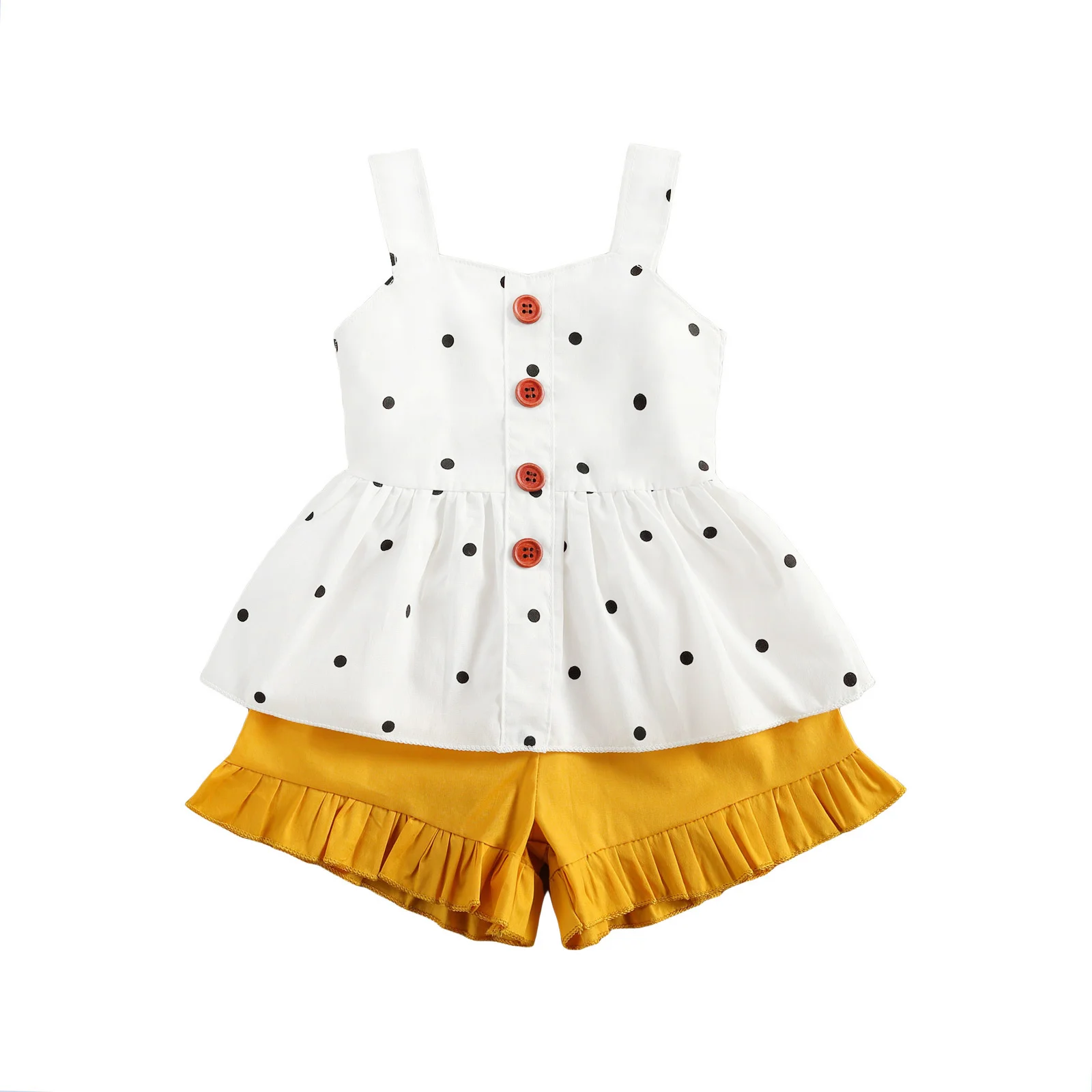 

2022 New 0-24m Toddler Baby Girl Summer 2pcs Set Polka Dot Dress-style Single Breasted Sleeveless Top+yellow Ruffled Shorts