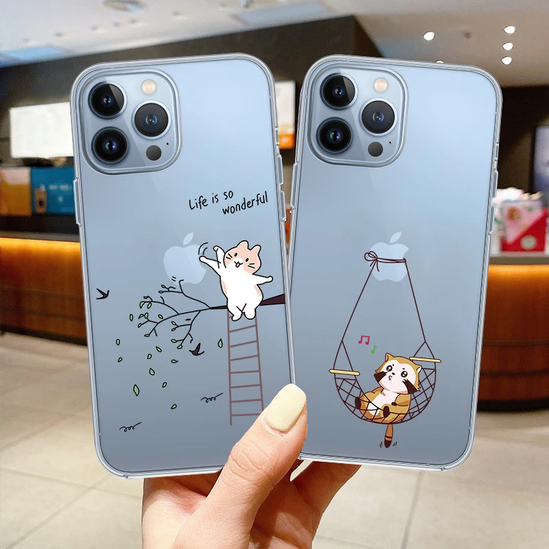 

Lovely Cartoon Cat Phone CasesFor iPhone 13 11 12 Pro Max X XR XS Max 7 8 Plus SE 2020 Funny Couple Transparent Soft Back Cover