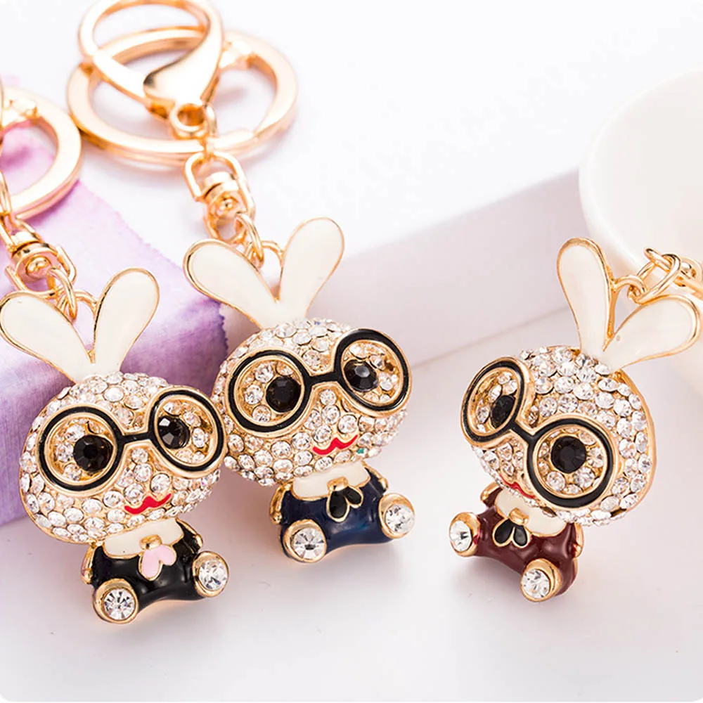 

Cute Metal Rabbit Bunny Key Ring Key Chains Rhinestone Keychain for Purse Handbag Rabbit Charm Pendant
