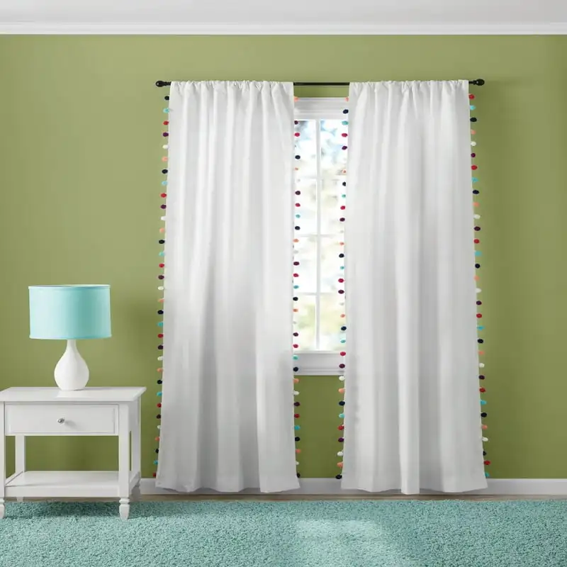 

Darkening Single Window Curtain Panel, White Pom Pom Blackout for windows Door curtain Curtains for living room Curtains for bed