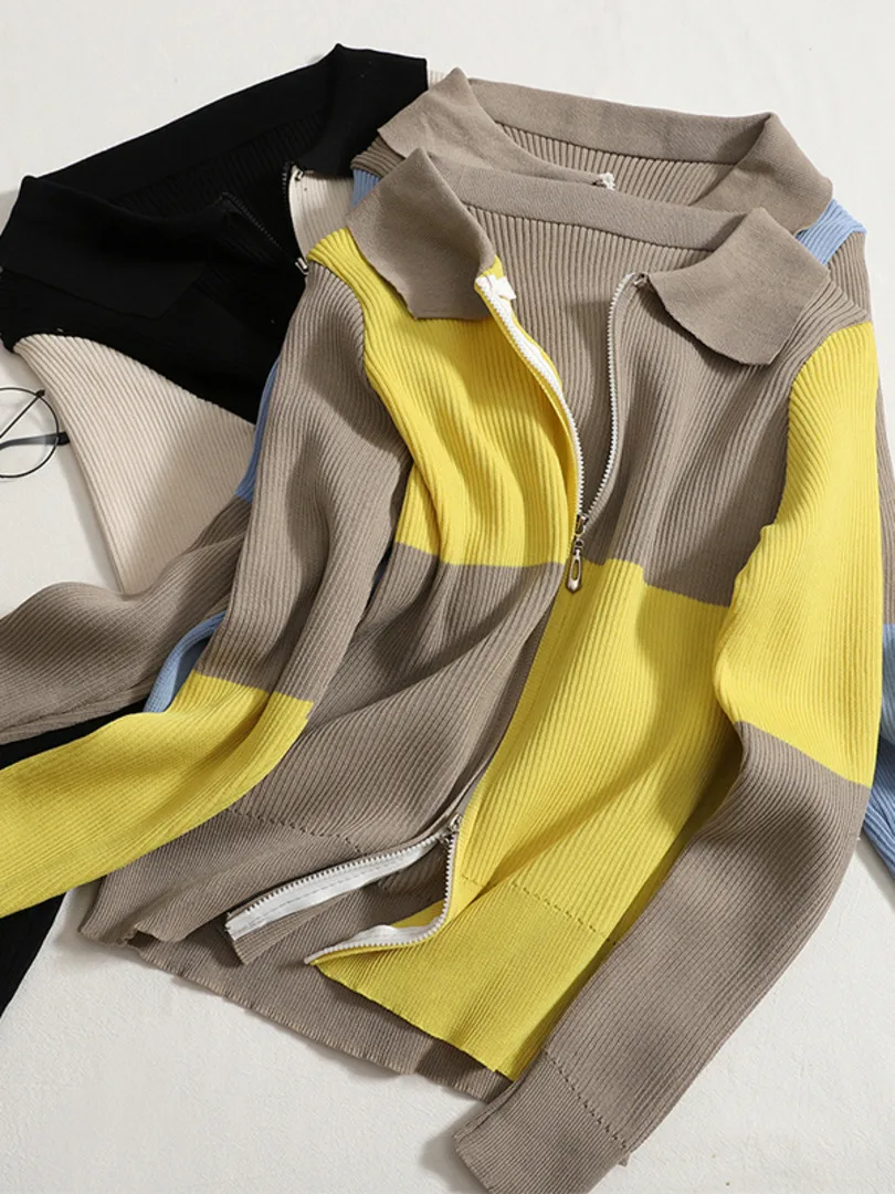 

Casual Women Sweater Top 2022 Summer New Color Block Turn Down Collar Full Sleeve Front Zipper Slim Short Knitted Top