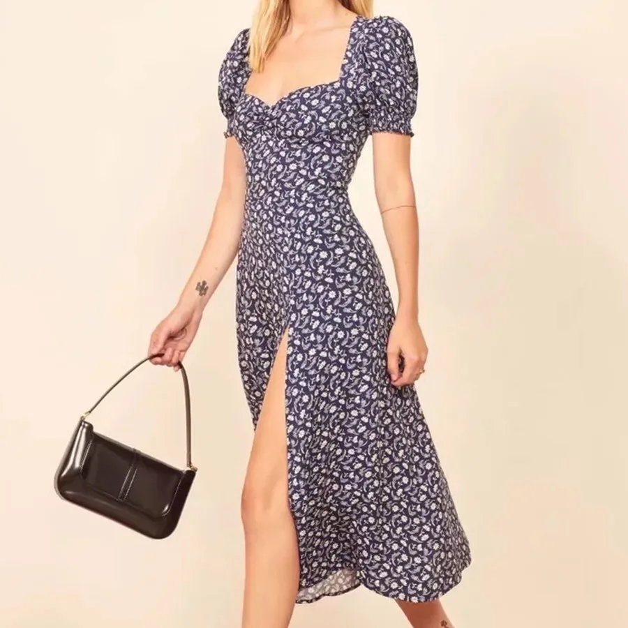 

Withered 2023 Indie Folk France Style Romantic Retro Square Collar Short Sleeve Summer Dress Women Fashion Elegant Midi Dress