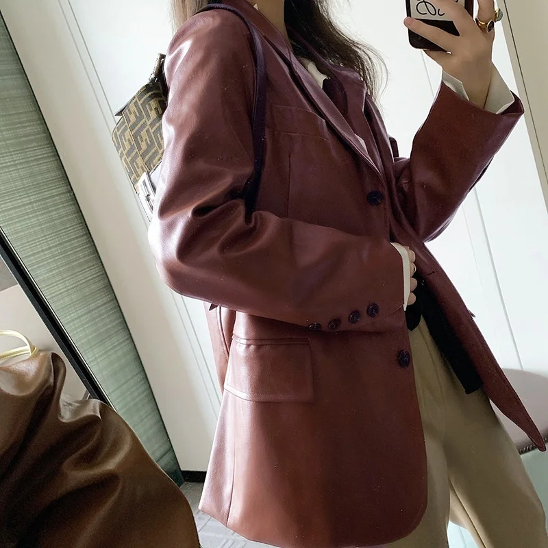 brown leather suit jacket women's long-sleeved soft light autumn and winter jacket jacket fashion autumn PU motorcycle suit