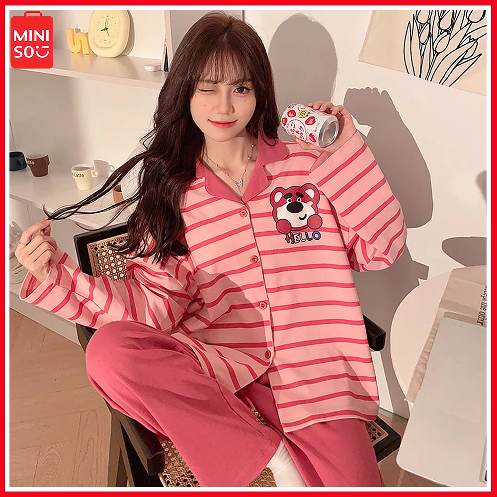 

Miniso Lotso Cartoon Print Casual Pajama Set for Women Spring Autumn Long Sleeve Sweet Kawaii Student Homewear Christmas Gift