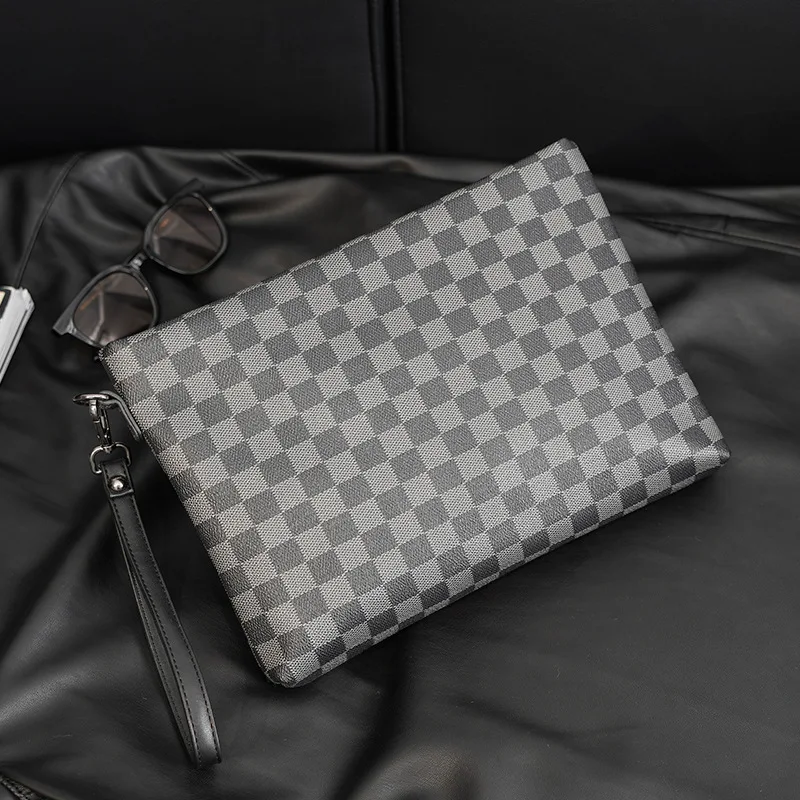 

Leather Checker Pattern Handbag Large Capacity Horizontal Envelope Bag iPad Bag Wrist Bag Casual Handbag