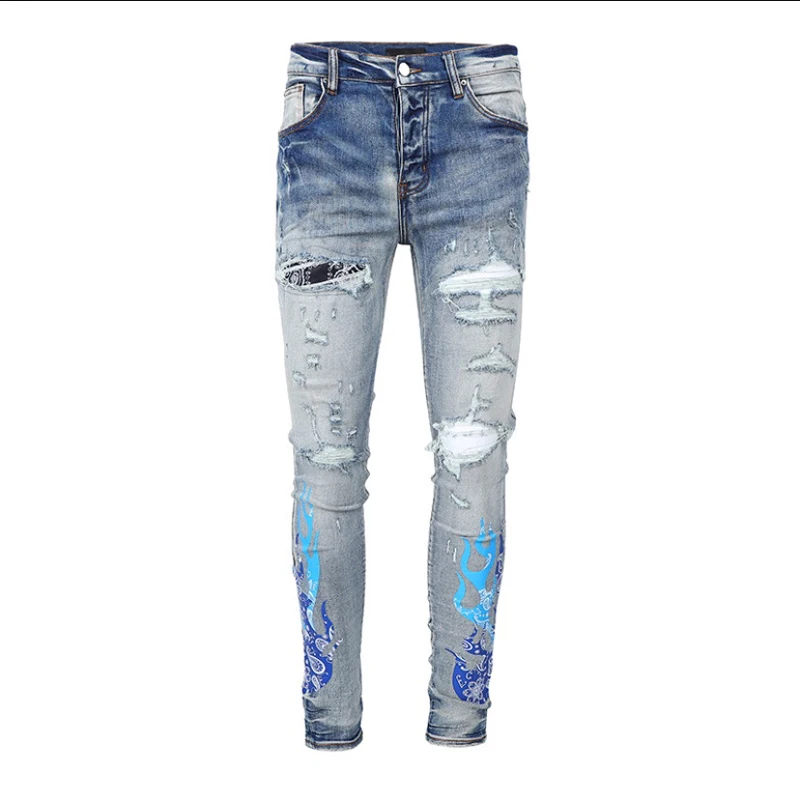 2023 Luxury Brand Men's Jeans Casual Skinny Denim Ripped Patch Stretched Pants Fashion Flame Fireworks Printing Slim Trousers