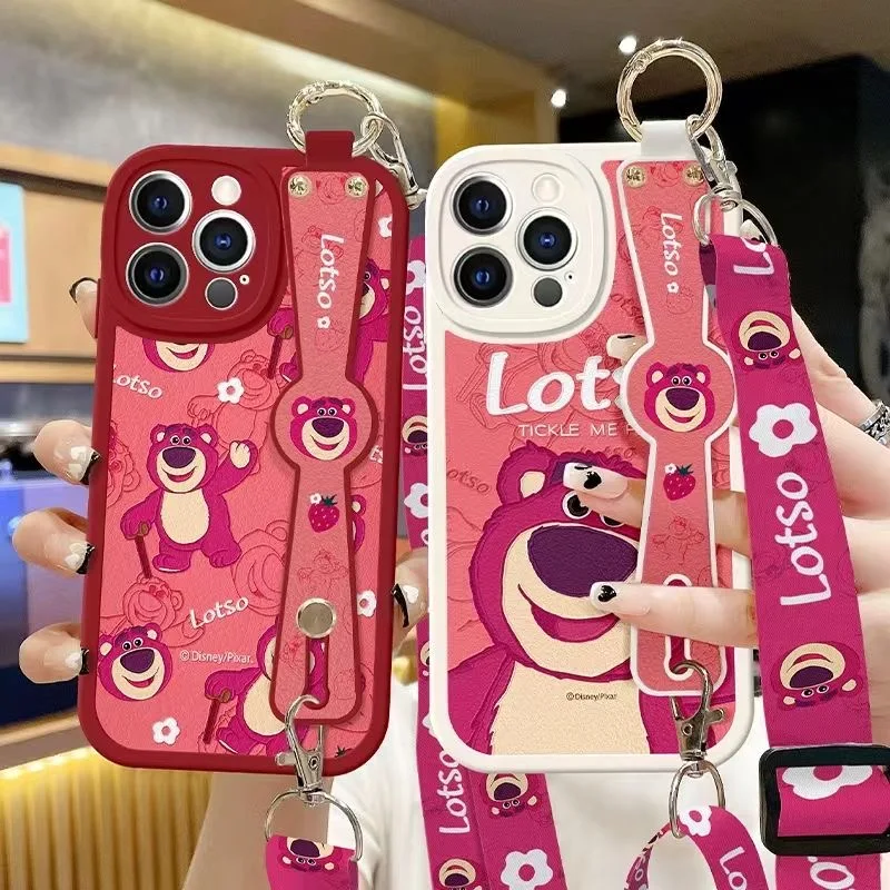 

Disney Lotso Wristband With Lanyard Phone Cases For iPhone 14 13 12 11 Pro Max Mini XR X XS MAX 8 7 Plus SE Shockproof Cover