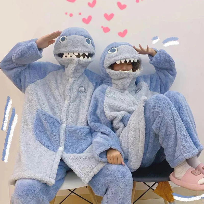 

Winter Warm Pajamas Set Hooded Shark Cosplay Nightgown Women Loungewear Cute Animal Fleece Sleepwear Flannel Home Suit Nightwear