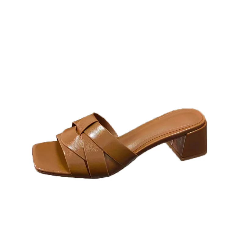 Womens Slippers 2023 Summer Fashion Leather Platform Sandals Female Squared Toes Slides Outwear Ladies Casual Slipper Size 42