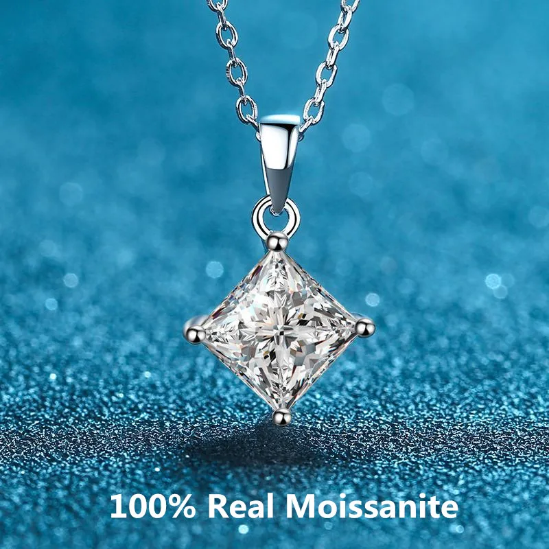 

Certified Princess Cut Moissanite Necklace 2CT Lab Created Diamond Pendant Necklace Solid S925 Silver Moissanite Wedding Jewelry