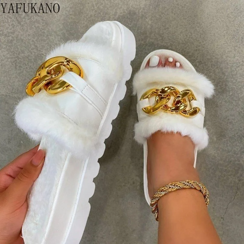 

Summer Plush Slippers Fashion Open Toe Solid Color Women's Sandals Metal Chain Outdoor Casual Women's Shoes Plus Size