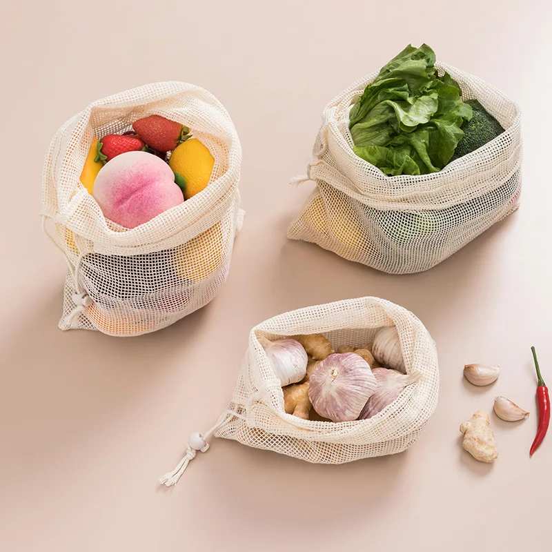 

Hanging Bag Cotton Mesh Drawstring Bag Solid Color Beam Mouth Household Vegetable Fruit Shopping Storage Bag Portable Foldable