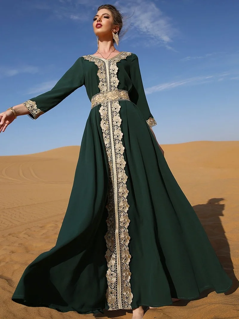 Kaftan with Embroidery Women Vintage Arabic Abaya Jalabiya Moroccan Caftan Belted Muslim Dubai Saudi Long Dress Party Ramadan