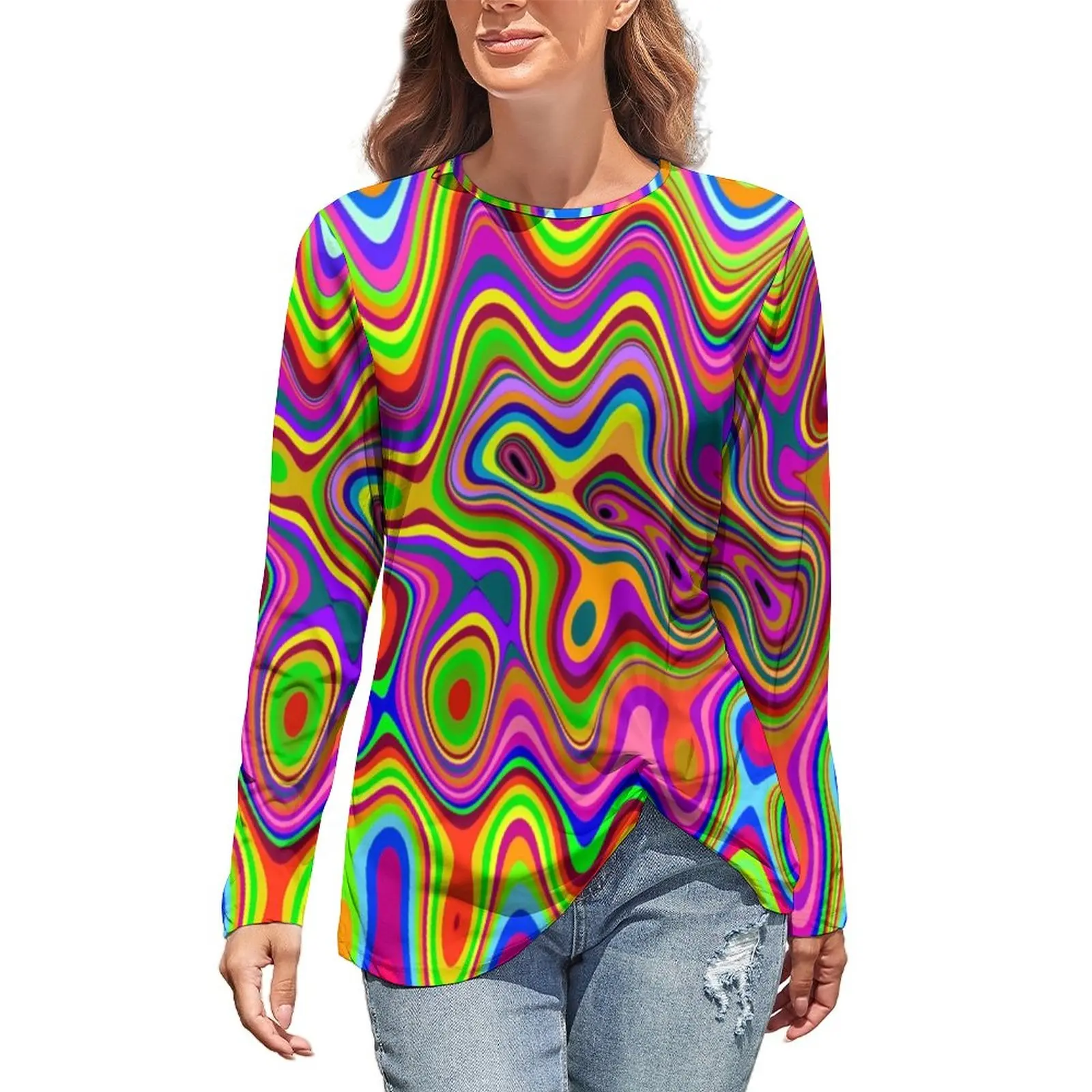 

Colorful Liquid T Shirt Psychedelic Print Trendy Long Sleeve T-Shirts Korean Fashion Oversize Tees Ladies Graphic Clothing Gift