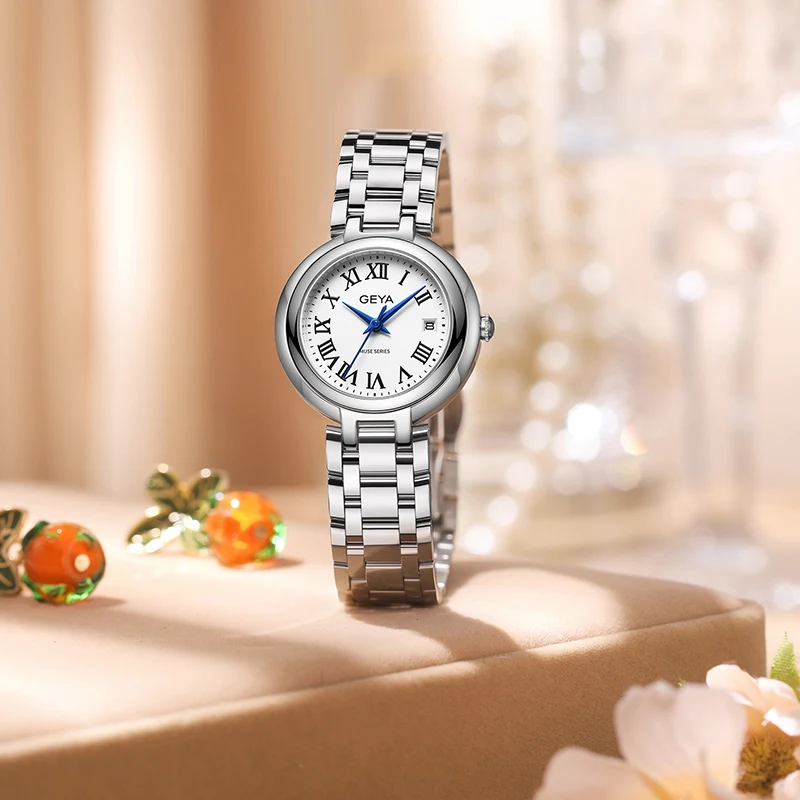 GEYA Роскошные серебряные элегантные женские часы из нержавеющей стали с