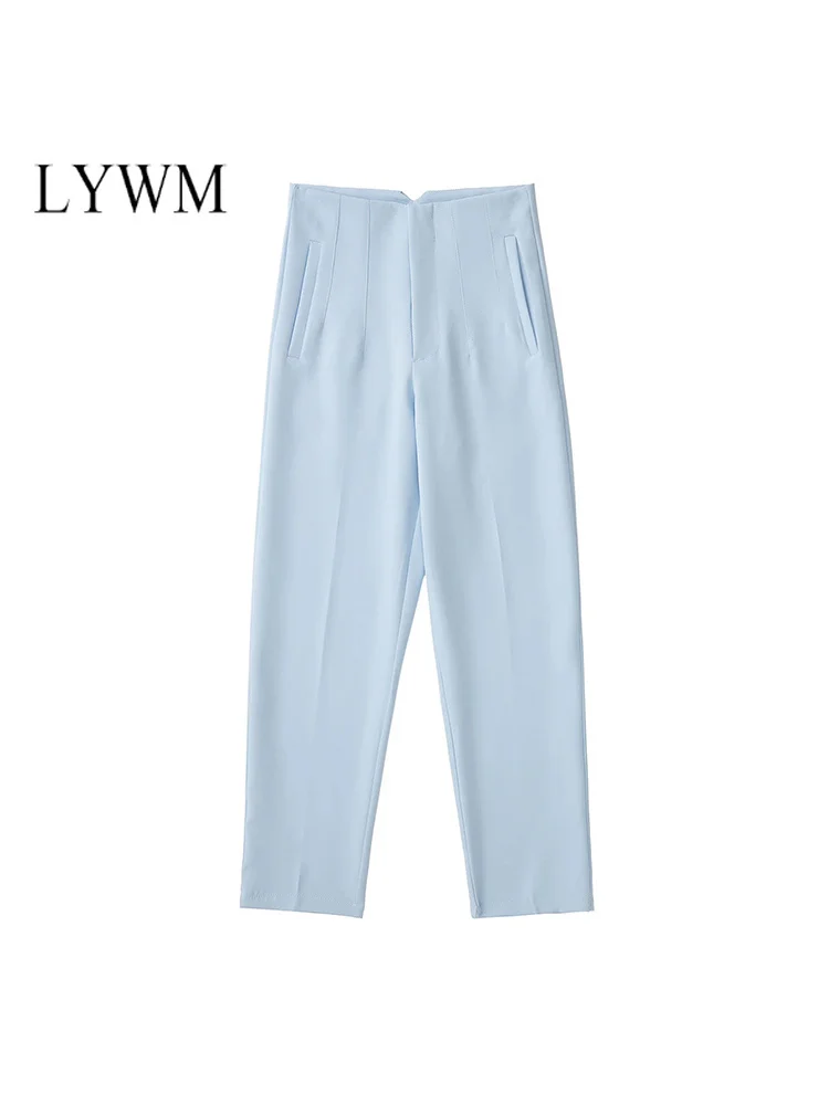 LYWM Women Fashion Office Lady Straight Pants Pockets Vintage Front Slit Zipper Fly Female Trousers Mujer Chic Outfits