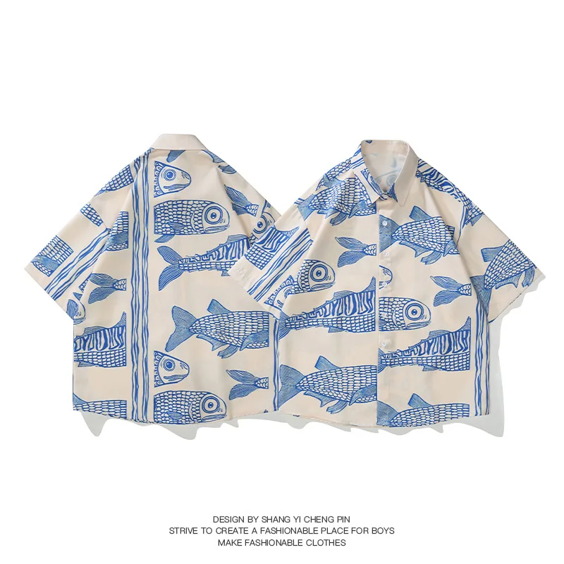 

Мужская Повседневная рубашка в американском стиле, модная индивидуализированная рубашка большого размера с принтом маленькой рыбы, лето 2023