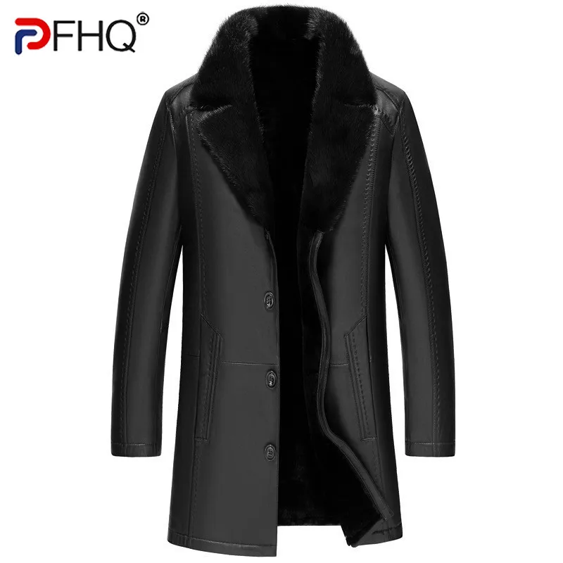 

PFHQ 2022 Winter Trendy Elegant Men's Genuine Leather Jackets Sheep Skin Liner Mink Fur Collar Luxury High Quality New Long Coat