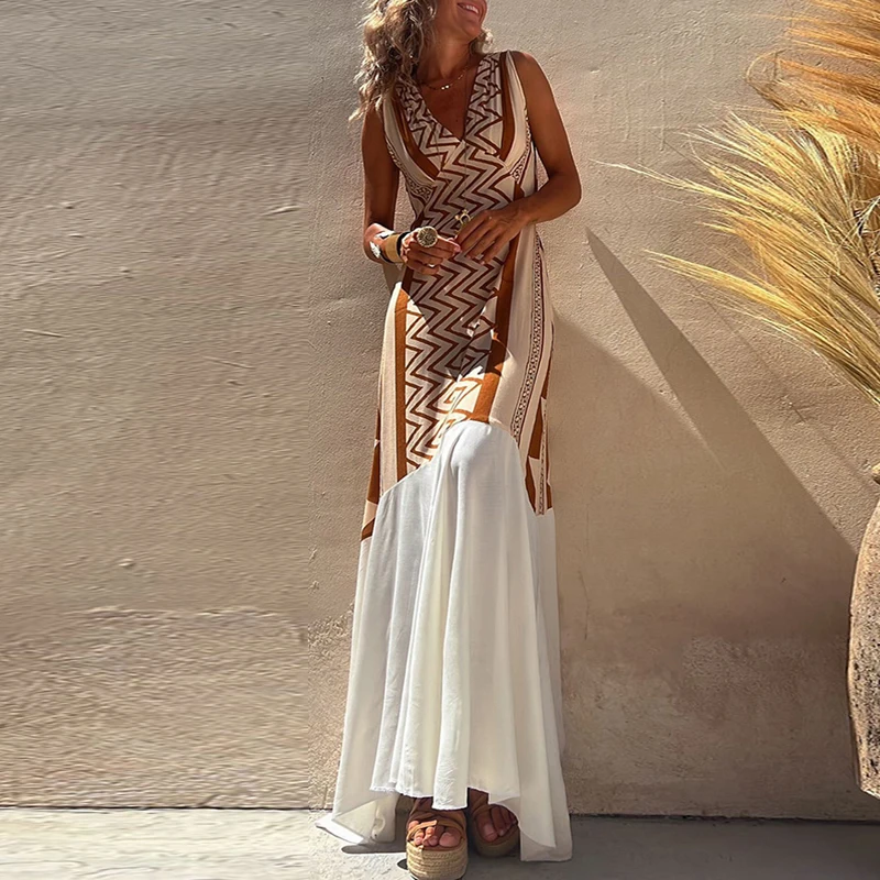 

Женское длинное платье на шнуровке, повседневное пляжное платье составного кроя без рукавов с V-образным вырезом и принтом в богемном стиле, осень 2023