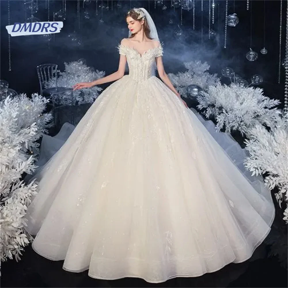 

Женское свадебное платье с кружевной аппликацией, романтичное платье с открытыми плечами и вырезом сердечком, элегантное платье невесты