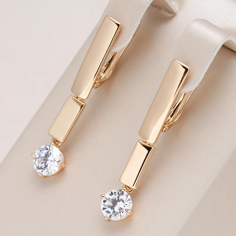 

Kinel New Glossy Long Dangle Earrings For Women Luxury 585 Rose Gold Color Natural Zircon Earring Vintage Fine Daily Jewelry