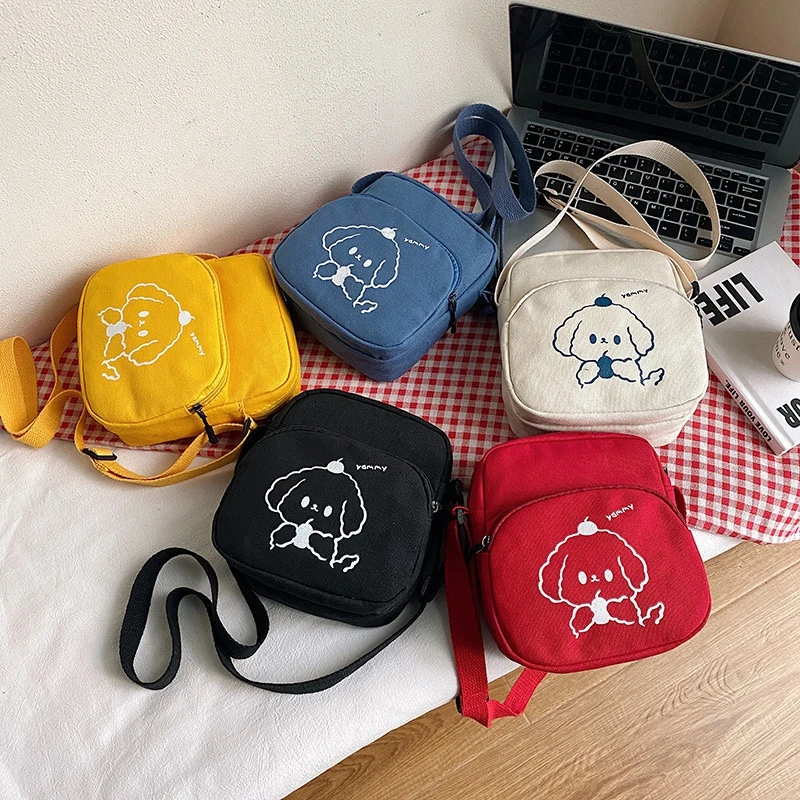 Cute Student Canvas Small Bag Girl Crossbody Bag Fashion Simple Messenger Tote Bag Zipper Cloth Fabric Mobile Phone Bag