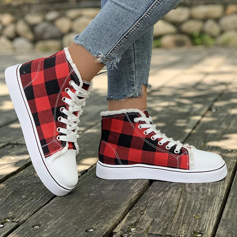 

Зимняя женская парусиновая обувь на платформе для женщин Красная повседневная обувь в клетку высокие удобные женские кроссовки размера плюс 43