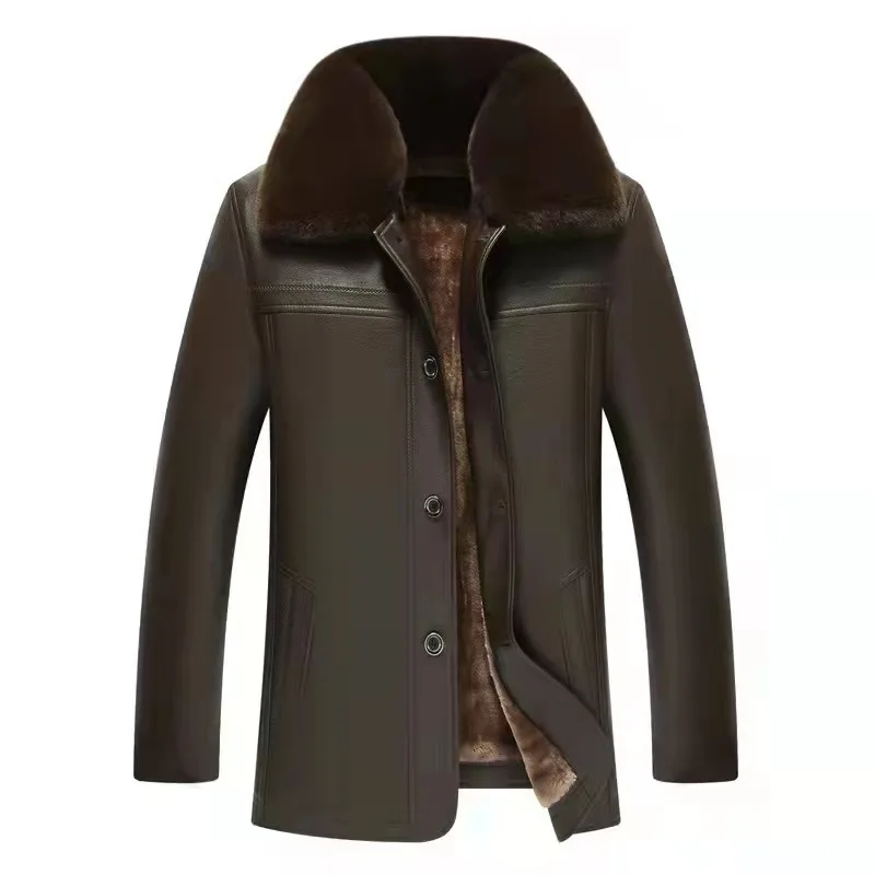 

2022 new winter cashmere warm leather jacket men lapel button middle-aged and elderly leather jacket jacket