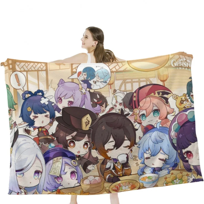 

Genshin Impact Characters Chibi Assemble Throw Blankets Soft Velvet Blanket Camping ,Travel Bedding Blanket
