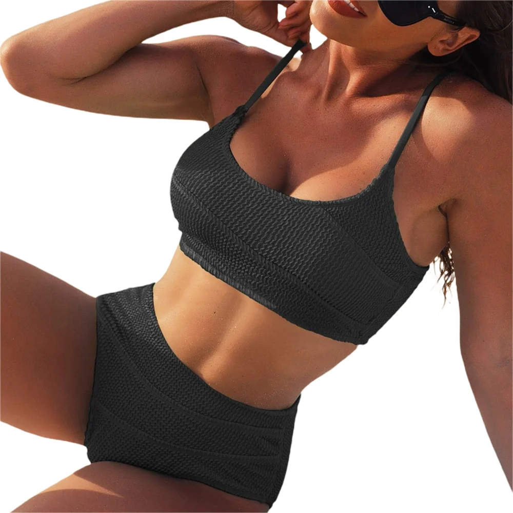 

Женский купальник 2023, комплекты бикини, однотонный облегающий жилет на бретельках и стринги с высокой талией, купальный костюм из 2 предметов для плавания