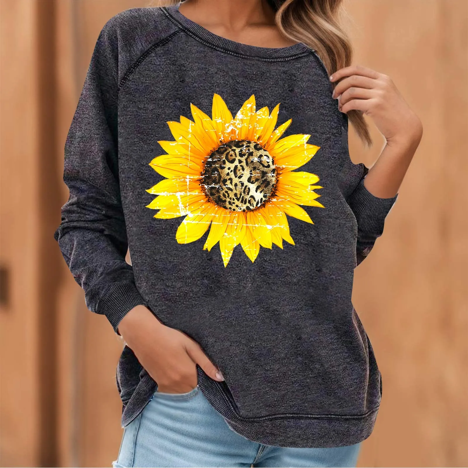 

Sunflower Print T-Shirt Round Neck Tops Long Sleeve Tee Harajuku Blouses Oversized Women's T-Shirt Streetwear Outfits Blusas