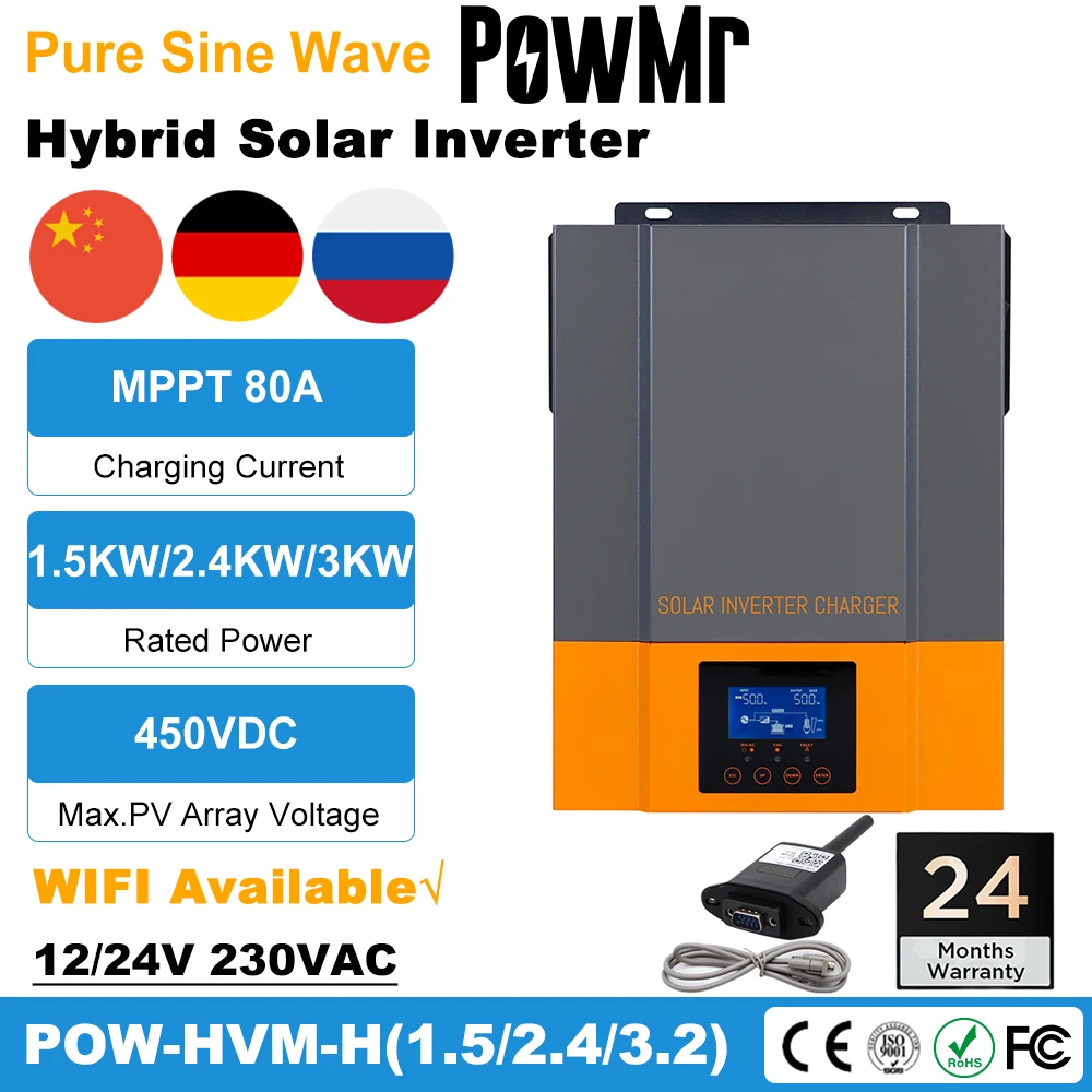PowMr Hybrid Solar Inverter Pure Sine Wave MPPT 80A 12V 24V 230V Max PV 450V 1.5KW 2KW 3KW Off Grid Inverter Build-In Charger