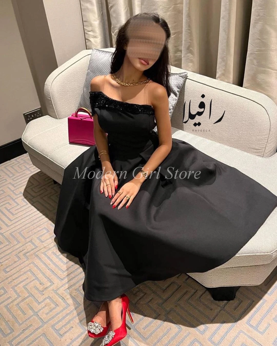 

Black Satin Long Prom Dresses A-Line One Shoulder Beadings Ankle Length Saudi Arabia Women Evening Party Dress