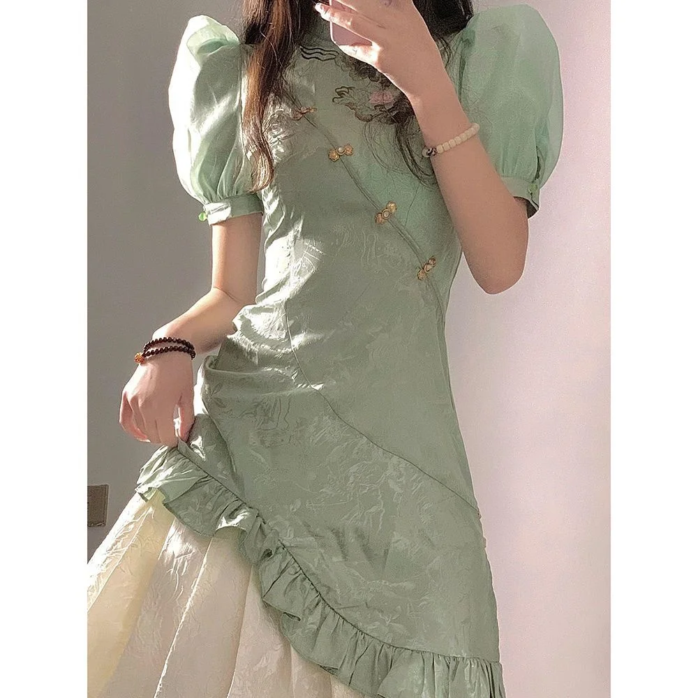 Двуслойное улучшенное платье Ципао с рукавами-фонариками новое приталенное в