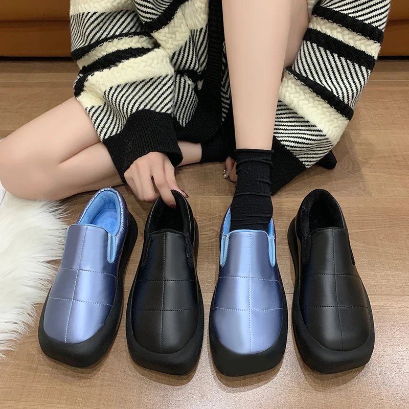 

Korea Fashion Square Toe Loafers Women Winter Warm Plush Slip-on Sneakers Ladies Luxury Silk Satin Downs Platform Shoes