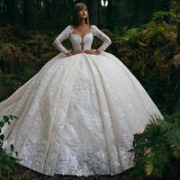 2022 new ball gown wedding dresses long sleeves lace applique robe de mariage handmade royal luxury vestido de novia