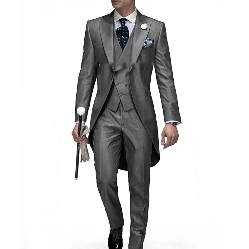 New Arrival Formal Men Tailcoats Grey  Peaked Lapel Groomsman Wedding Suits Men's Tuxedo 3 Piece