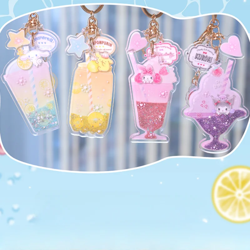 

Kawaii Sanrio My Melody Kuromi Cinnamoroll Key Chain Summer Drink Series Pendant Cartoon Cute Quicksand Creative New Product